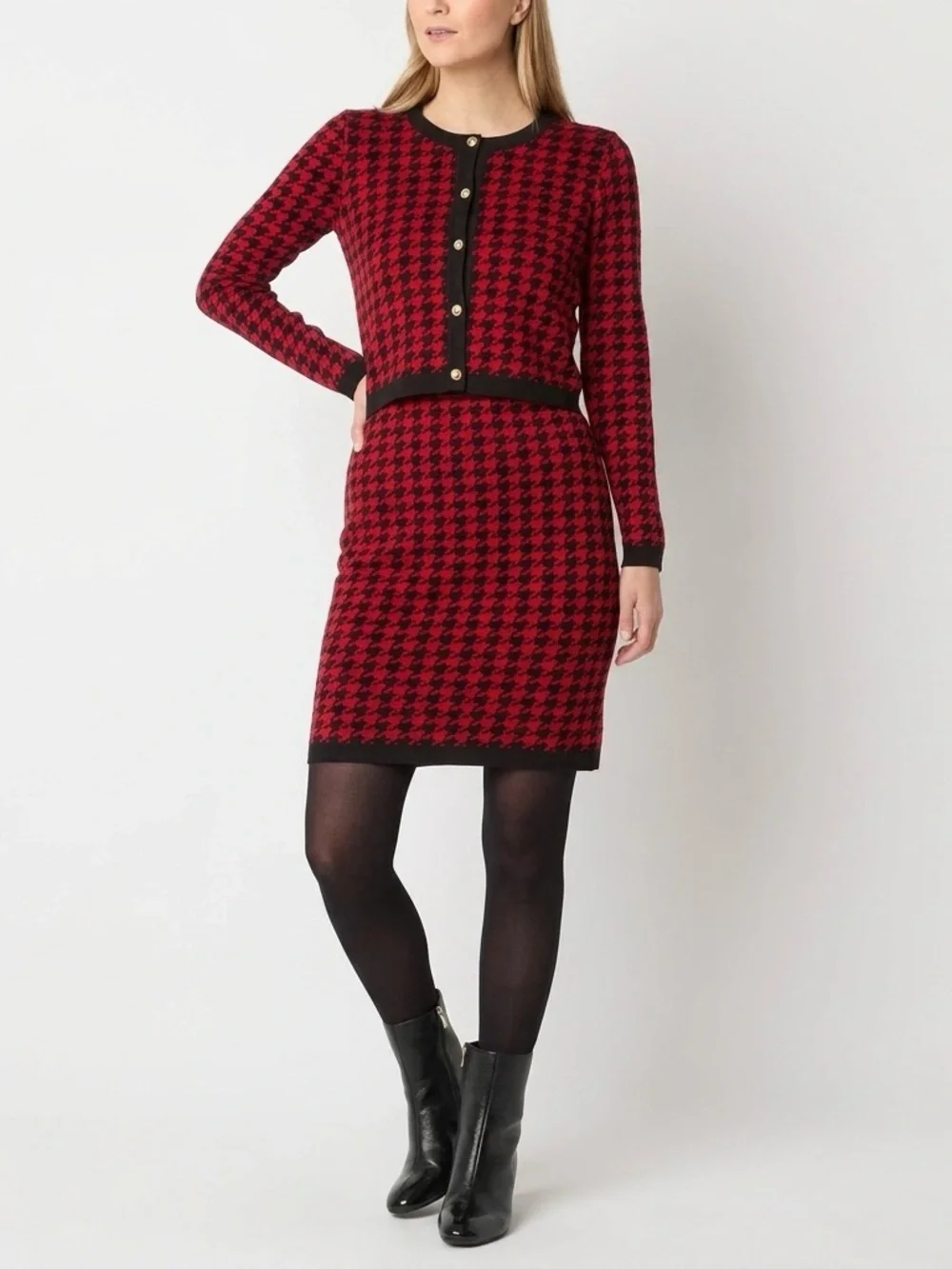 Melonie T Red & Black Houndstooth Sweater Dress & Blazer 2-Piece Set Size M